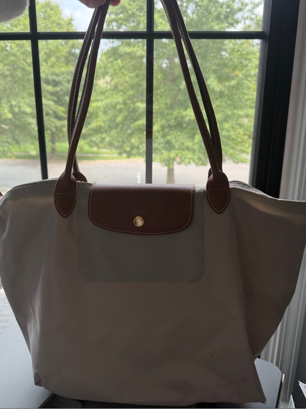 Longchamp Gray Tote with Brown Leather Trim